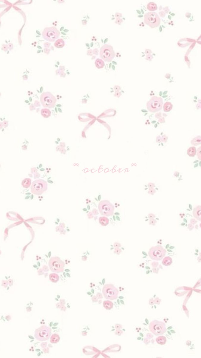 a white background with pink flowers and bows