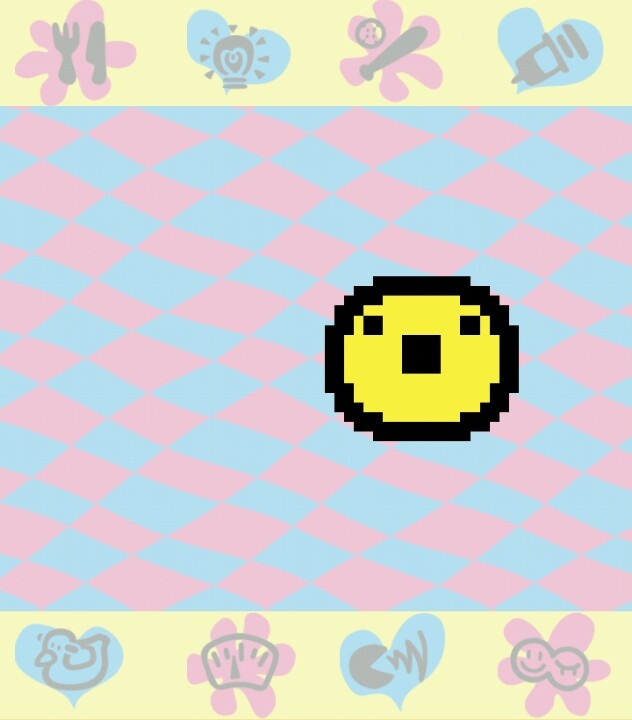 an image of a smiley face on a pink and blue checkerboard pattern background