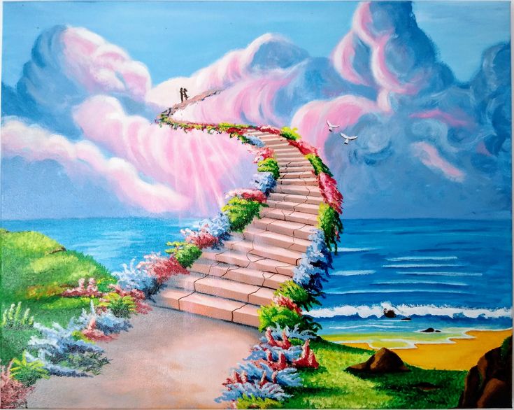 a painting of a stairway leading to the ocean with flowers growing on it and people walking up