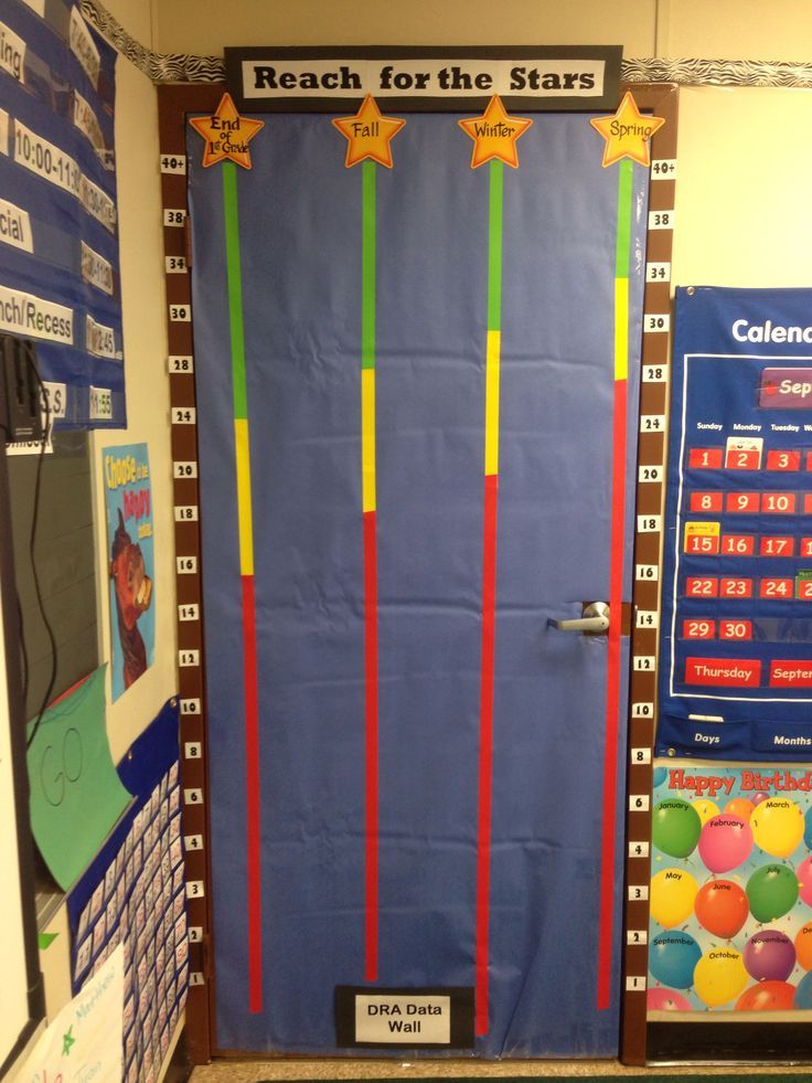 a classroom door decorated with balloons and stars