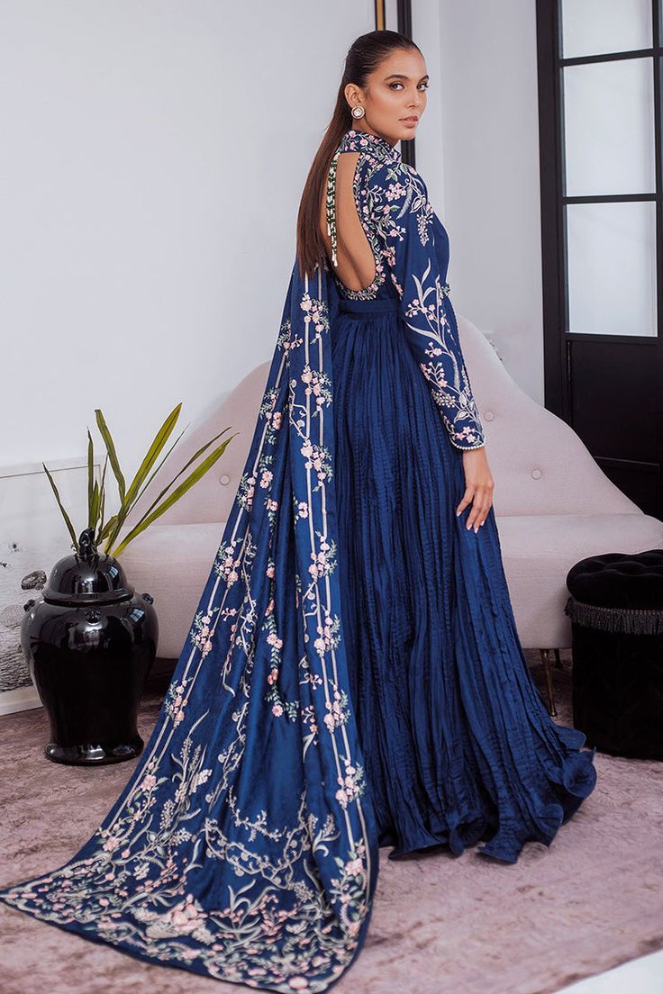 Minhal – Sania Maskatiya International Sania Maskatiya, Short Frock, Reception Gown, Dress Book, Embellished Belt, Deep Royal Blue, Gold Brocade, Indian Gowns Dresses, Embroidered Bodice