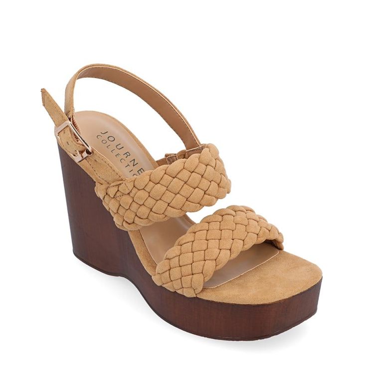 Get the perfect finishing touch for any occasion in in the Women's Journee Collection Ayvee Wedge Sandal. Vegan leather upper in a dress sandal with an open toe. Adjustable buckle ankle strap. Smooth lining with padded insole. Braided strap detail. Platform midsole. Durable man-made outsole with 4.25" wedge.. Brown Wedge Sandals, Fashion Shoes Sandals, Womens Sandals Wedges, Open Toed Heels, Shoe Carnival, Braided Strap, Round Toe Heels, Platform Wedge Sandals, Journee Collection