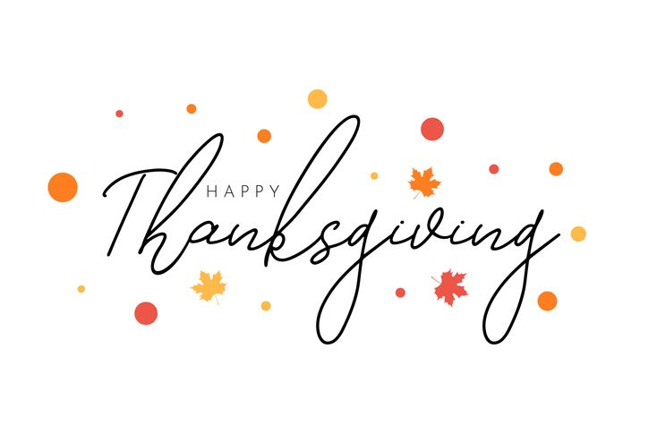 the words happy thanksgiving written in black ink with autumn leaves and dots on white background