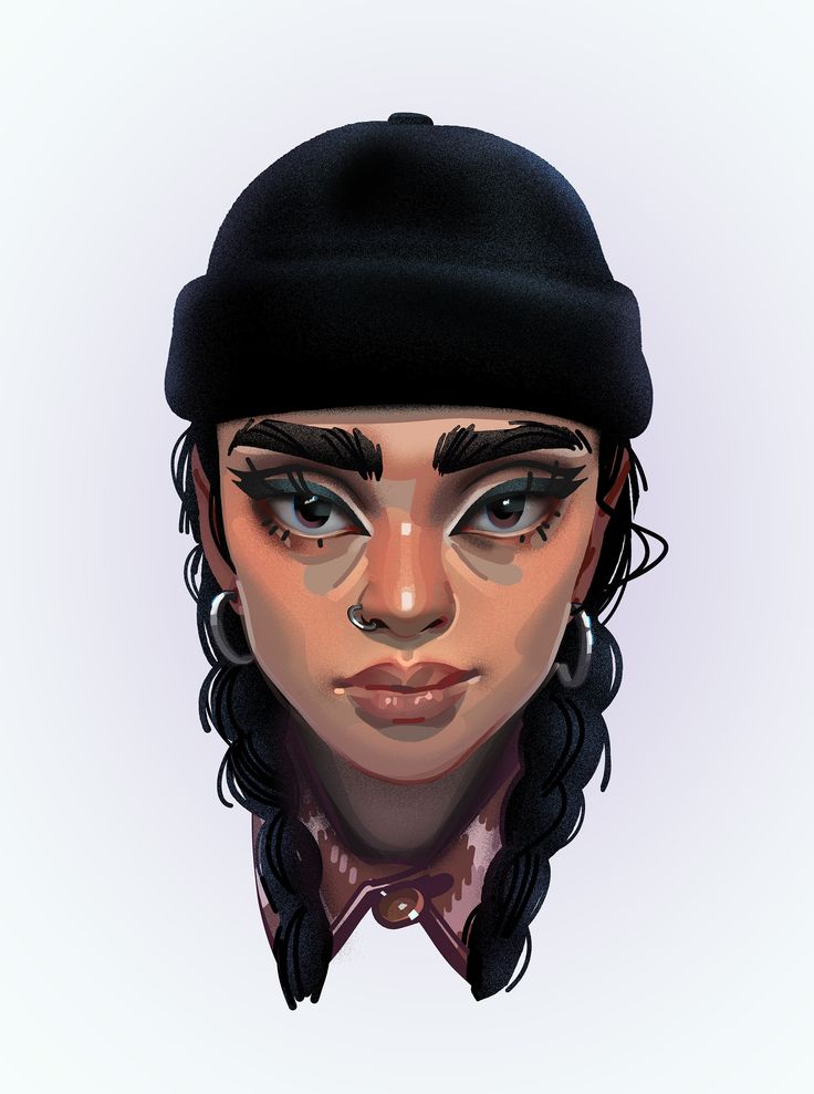 a digital painting of a woman's face wearing a black hat