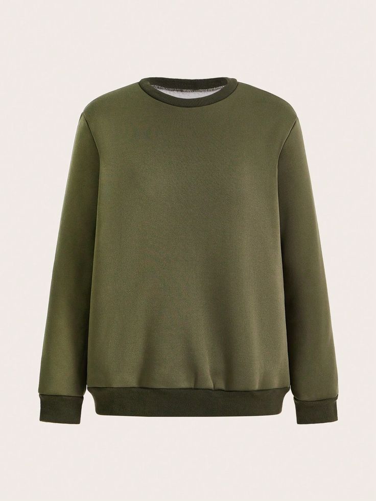 Solid Round Neck Sweatshirt Army Green Casual  Long Sleeve Knitted Fabric Plain Pullovers Medium Stretch  Women Clothing, size features are:Bust: ,Length: ,Sleeve Length: Round Neck Sweatshirts, Shirt Women, Long Sleeve Knit, Army Green, Women Clothing, Sweatshirts Women, Sweat Shirt, Knitted Fabric, Length Sleeve