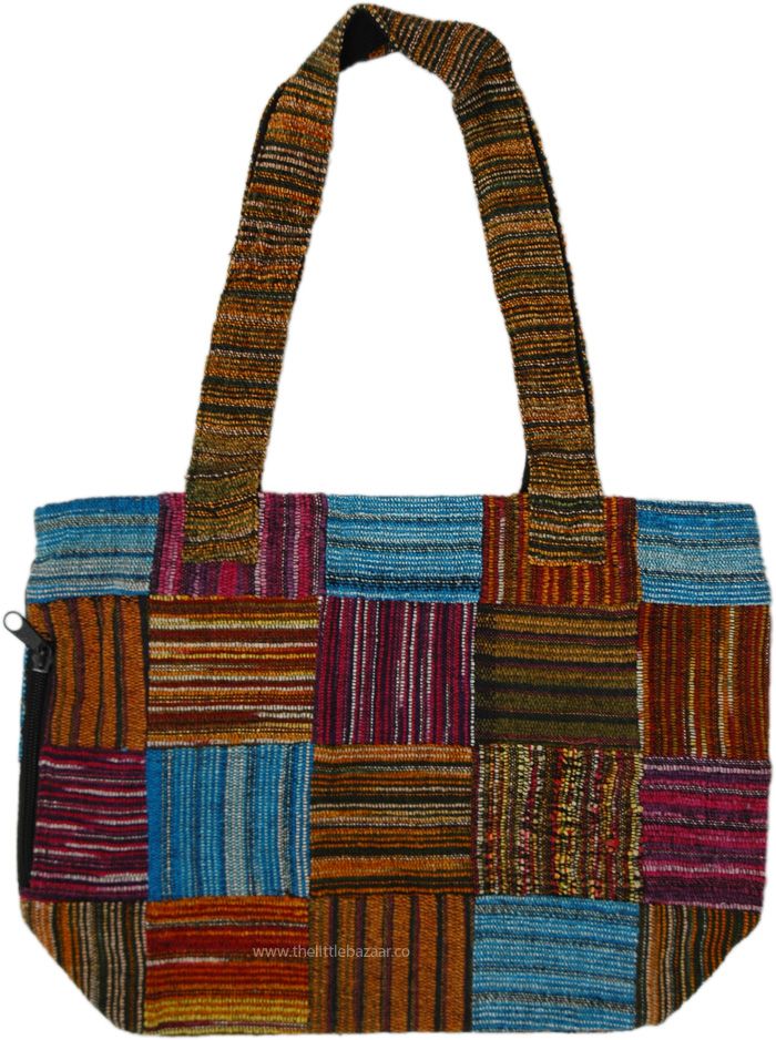 A boho-style Satchel Purse Bag with Double Top Handles. The bag is characterized by stripes squares of cotton dari fabric giving it a good body. #tlb #bohemianfashion #BohoBag Bohemian Fabric Shoulder Bag For Travel, Bohemian Fabric Shoulder Bag For Daily Use, Bohemian Fabric Travel Bag, Bohemian Travel Bags In Fabric, Bohemian Fabric Tote Bag, Multicolor Cotton Hobo Shoulder Bag, Bohemian Fabric Bag With Rectangular Shape, Bohemian Fabric Bags With Rectangular Shape, Multicolor Fabric Bags For Vacation