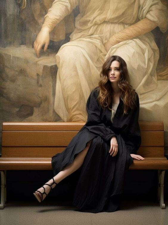 a woman sitting on a bench in front of a painting