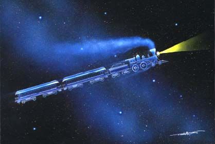 an artist's rendering of a space shuttle flying through the night sky with stars in the background