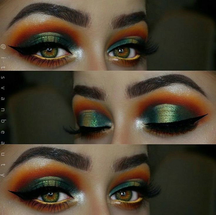 Red Yellow Green Eyeshadow Looks, Jungle Eye Makeup, Green And Orange Eyeshadow Looks, Green And Orange Eye Makeup, Green Orange Eye Makeup, Orange Green Eyeshadow, Green And Orange Makeup Looks, Orange And Green Eyeshadow, Orange Green Makeup