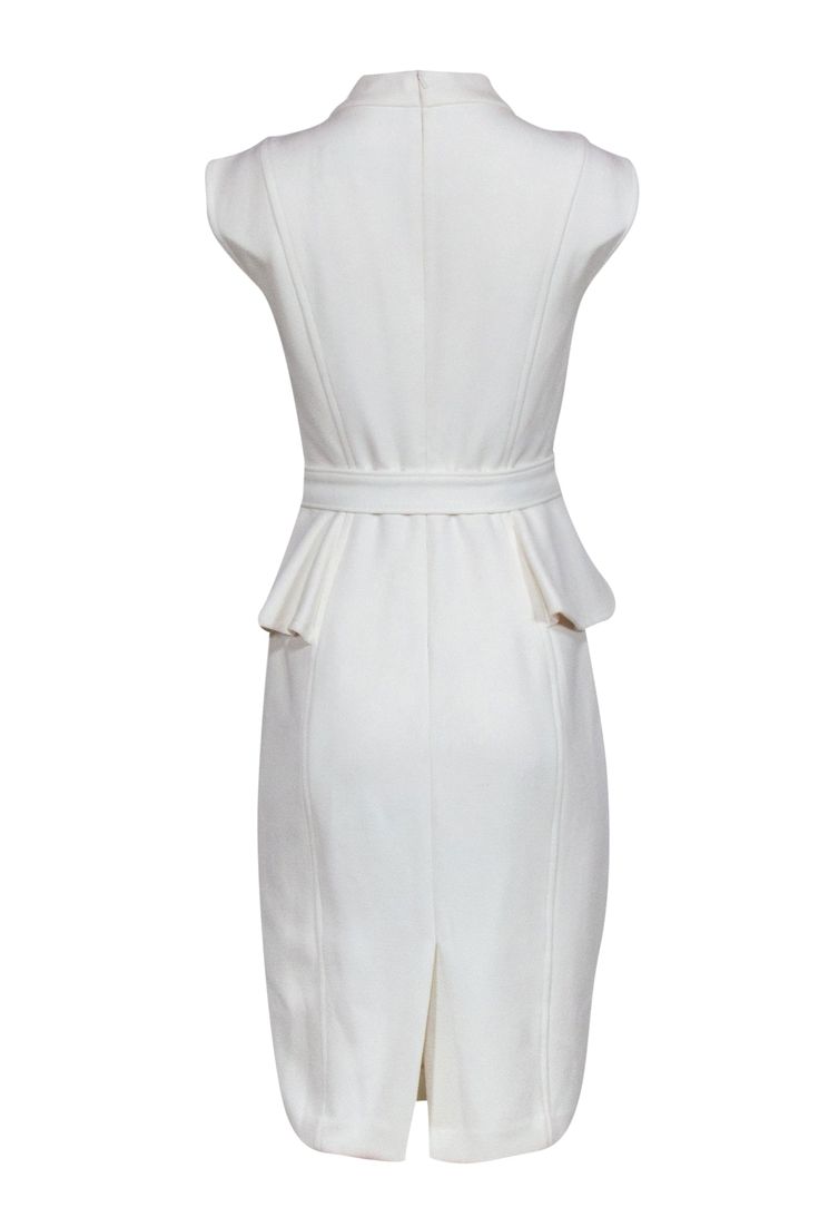 Sophisticated ivory dress in a figure flattering peplum silhouette. Take this dress to the next level by accessorizing it with a pair of dazzling statement earrings! Size 6 Shell: 63% Polyester, 33% Viscose, 4% Elastane Lining: 100% Polyester Stand collar neckline Concealed back seam zipper closure Sheath silhouette Sleeveless Peplum detail Bust 31" Waist 28" Shoulder to hem 43" Chic White Peplum Dresses, Elegant Cream Midi Dress With Ruffles, Elegant Peplum Midi Dress For Party, Elegant Cream Midi Dress For Work, White Peplum Evening Dress, White Peplum Dress For Evening, Elegant Formal Peplum Midi Dress, Elegant White Peplum Dress, Elegant Off White Ruffled Dresses