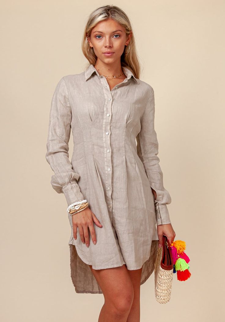 100% LINEN FITTED BUTTON DOWN SHIRT DRESS S to XXXL - Claudio Milano Linen Fashion Women, Linen Suits Women, Linen Dresses Summer, Linen Style Fashion, Bohemian Travel, White Italian, Linen Top Women, Button Shirt Dress, Italian Dress