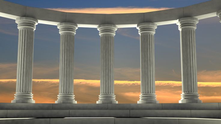 an image of a balcony with columns at sunset