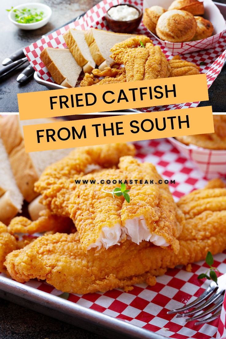 fried catfish from the south is served on a plate with bread and other foods