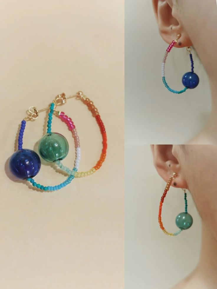 Rainbow Bubble Beaded Hoop Earrings | Jewelry | Three Fleas Jade Beaded Earrings For Jewelry Making, Hoop Earrings With Round Natural Stones For Gift, Gemstone Beads Hoop Earrings Gift, Handmade Hoop Jade Jewelry, Handmade Jade Hoop Earrings, Handmade Jade Hoop Earrings As Gift, Handmade Jade Hoop Jewelry, Unique Beaded Hoop Jewelry, Unique Hoop Earrings With Natural Stones