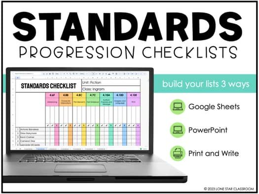 a laptop computer sitting on top of a desk with the words standards in front of it