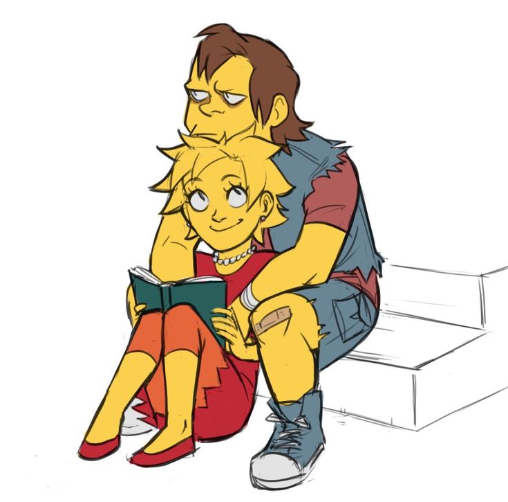 a man and woman are sitting on the steps with their arms around each other as they look at a book