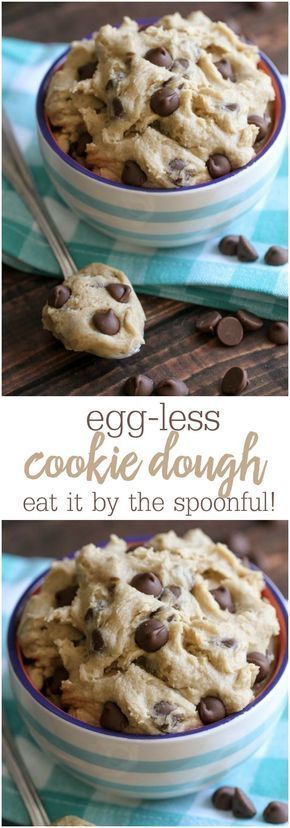 an egg less cookie dough in a bowl with chocolate chips on the side and text overlay that reads egg less cookie dough eat it by the spoonful