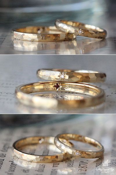 three different views of gold wedding rings on top of each other, with one diamond in the middle