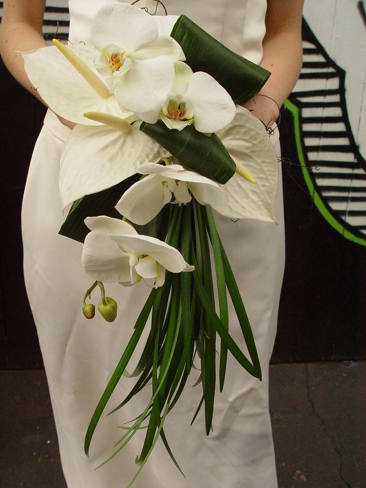 a woman holding a bouquet of white flowers