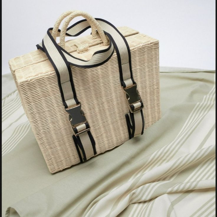 Picnic Basket Style Bag. Woven Exterior. Tube Handles And Fabric Handles With Metal Buckle To Secure Table Cloth. Lined Interior. Button Closure. Height X Length X Width: 11.9x15.6x6.9 Inches (30.2x39.5x17.5cm) Natural / 6893/710 Included Table Cloth Chic Beige Straw Bag For Picnic, Chic Natural Color Bags For Picnic, Chic Tote Shoulder Bag For Picnic, Trendy Rectangular Shoulder Bag For Picnic, Chic Brown Bag For Picnic, Rectangular Beige Straw Bag For Day Out, Beige Bag With Adjustable Strap For Picnic, Trendy Rectangular Bag For Picnic, Chic Straw Bag For Spring Picnic