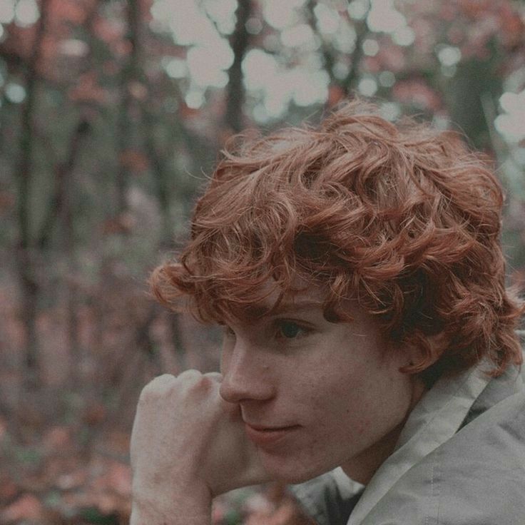 a young man with curly red hair is sitting in the woods and looking off into the distance