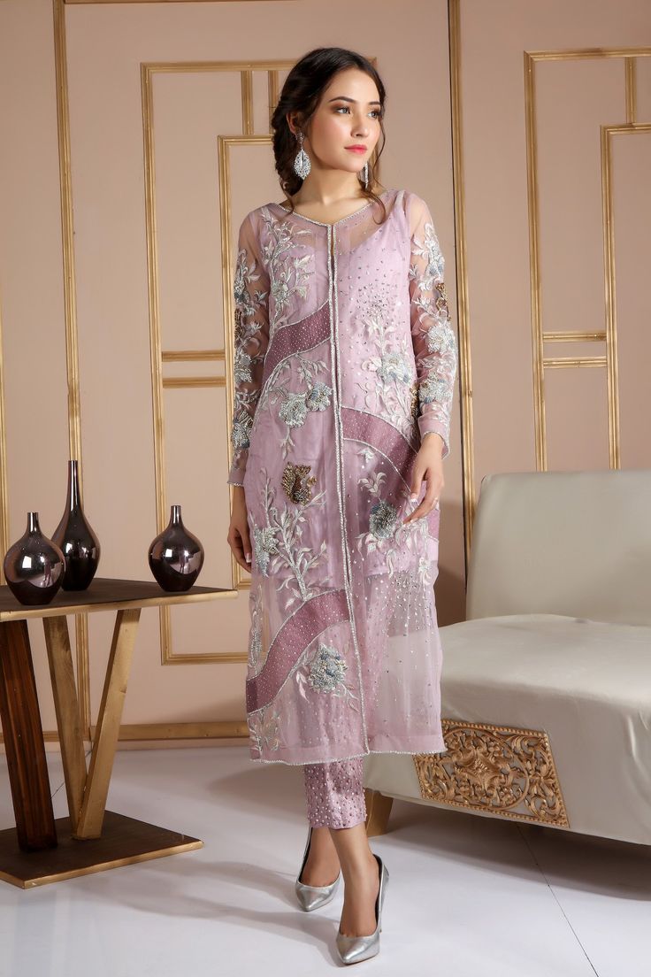 Camila | Pakistani Designer Outfit | Sarosh Salman Open Shirt Designs Pakistani Fancy, Designer Pink Sequined Salwar Kameez, Pink Sequined Kurta For Eid, Pink Sequined Kurta For Party, Pink Sequined Party Kurta, Pink Party Kurta With Sequins, Designer Sequined Net Sets, Designer Wear Sets With Sequins On Net, Long Sleeve Organza Sets With Sequins