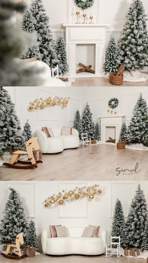 three pictures of christmas trees in different stages of being decorated with gold and white decorations