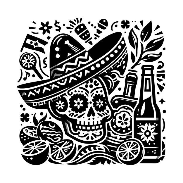 a black and white drawing of a mexican skull wearing a sombrero, holding a beer