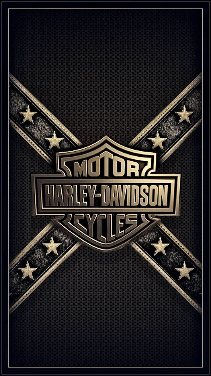 the harley davidson logo is shown in gold and black on a dark background with stars