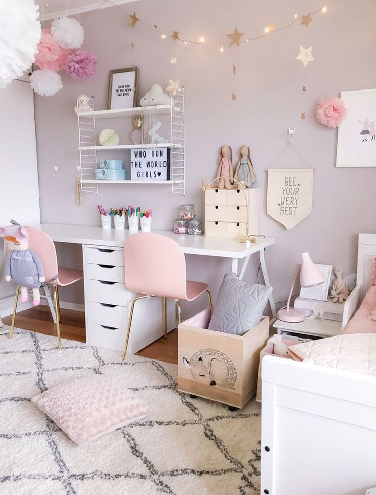 pink study corner girls room Amelie Room, Design Ložnic, Shared Girls Room, Girl Bedrooms, Cute Bedroom Ideas, Pink Bedrooms, Girl Bedroom Designs