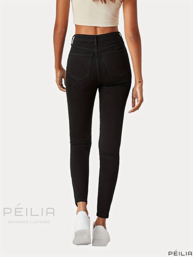 Peilia - Womens High Waist Skinny Jeans in Black, Contemporary High Rise Stretch Denim Pants with Plain Design - Stylish Denim Clothing Choice Black Fitted Jeans With Cropped Leg, Black Fitted Cropped Jeans, Fitted Black Cropped Jeans, Mid-rise Black Denim Jeggings, Edgy Non-stretch Mid-rise Jeans, Casual High Waist Cotton Jeggings, Trendy Black Denim Jeggings, Edgy High-rise Cotton Bottoms, Fitted High Waist Cotton Jeggings