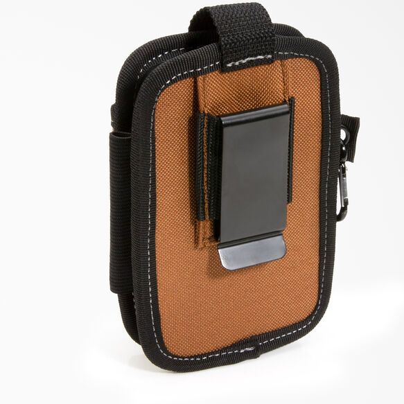 an orange and black pouch with a cell phone in it's pocket on a white background