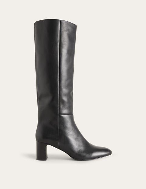 Erica Knee High Leather Boots - Black Leather | Boden US Block Heel Knee High Boots, Black Knee Boots, Heel Knee High Boots, Leather Boots Black, Sleek Chic, Black High Boots, High Leather Boots, Black Knees, Knee High Leather Boots