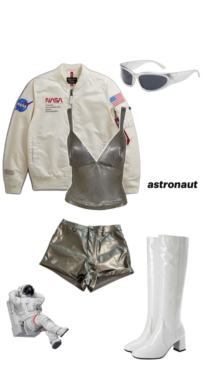 an astronaut outfit with silver shorts, white boots and nasa jacket is shown in this image