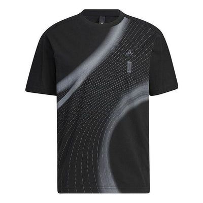 a black t - shirt with an abstract design on the front and side, it is also