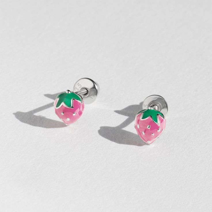 Make your little girl smile with these fun and adorable strawberry earrings! Entirely made of 925 sterling silver and hand-painted with enamel colors. These strawberry earrings are perfect for little girls' daily use. These cute earrings are hypoallergenic and suitable for children with sensitive ears. They feature threaded posts and a safety back system to ensure your child's earrings stay comfortably in place. Gift box included for easy gift giving! Playful Personalized Pink Earrings, Cute Hypoallergenic Earrings, Fun Silver Earrings For Birthday, Pink Sterling Silver Earrings For Birthday, Playful Pink Earrings With Cute Design, Playful Pink Enamel Jewelry, Playful Hypoallergenic Sterling Silver Jewelry, Playful Sterling Silver Hypoallergenic Jewelry, Trendy Pink Sterling Silver Earrings