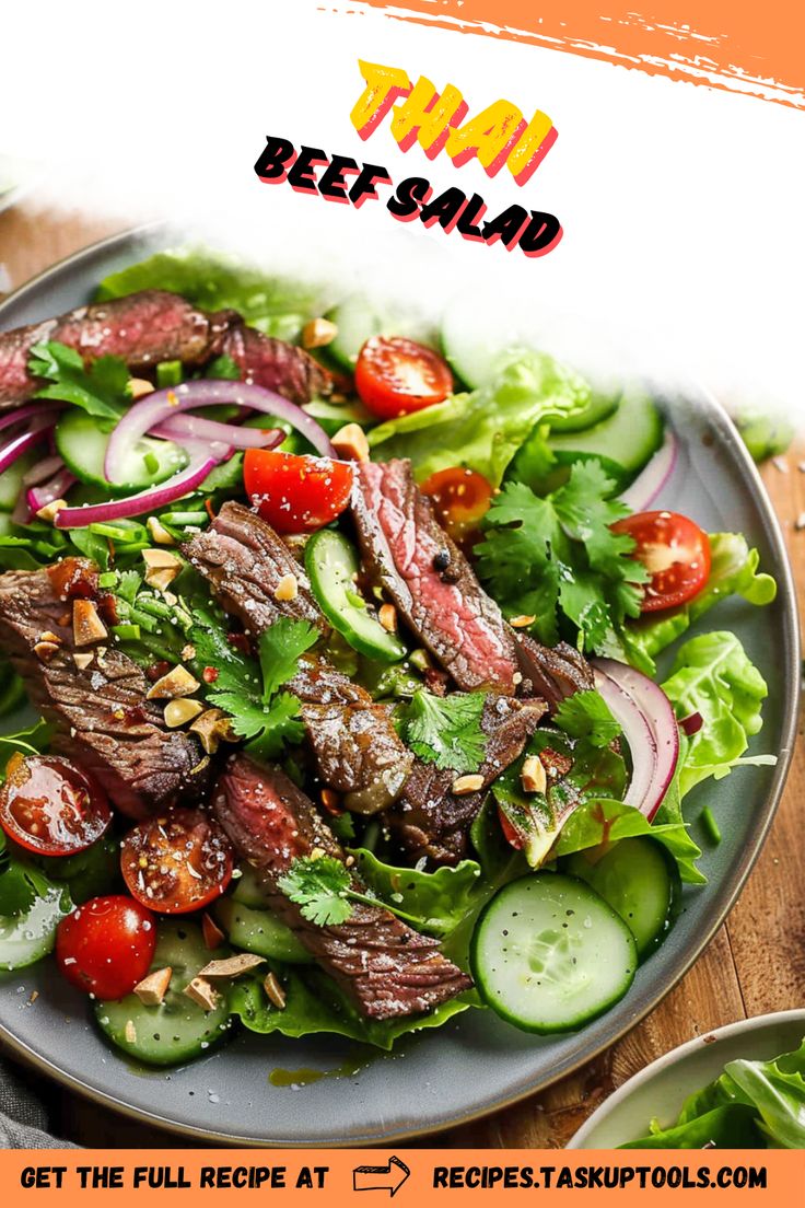 steak salad with lettuce, tomatoes, cucumbers and red onion on a plate