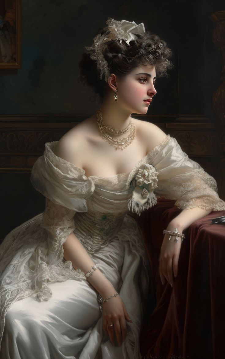 a painting of a woman in a white dress sitting on a red chair wearing pearls