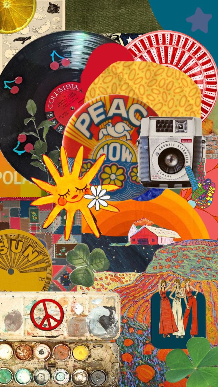 a collage of various items including a camera, record player and other things in the background