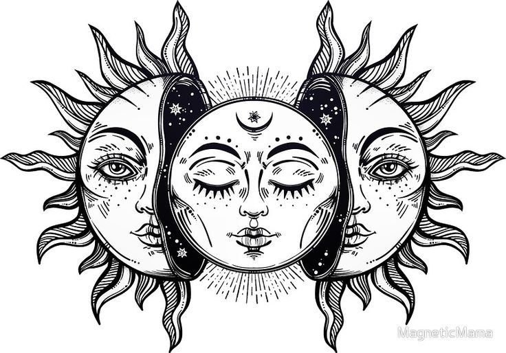 two sun and moon faces with their faces drawn in black ink on white paper, surrounded by stars