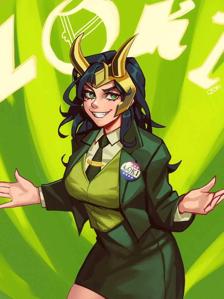 a woman in a green suit with horns on her head and hands out to the side