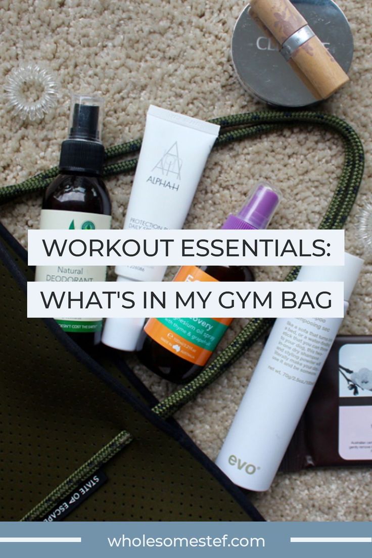 the contents of a gym bag with text overlay that reads workout essentials what's in my gym bag