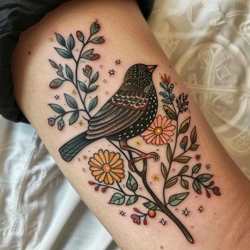 Traditional Tattoo Women Sleeve, Meadowsweet Tattoo, Nature Stomach Tattoos, Storybook Style Tattoo, Strawberry And Blueberry Tattoo, Birds Flowers Tattoo, Fern Flower Tattoo, Feminine American Traditional Tattoos Black, Cover Up Small Tattoos