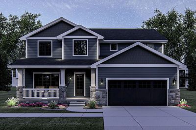 this is an artist's rendering of a two - story home in the evening