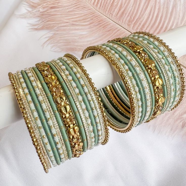 2 small half stacks of antique Gold bangles with jade green shades. Ready to Ship! Packed loose in small gift box. (No roll) Handmade Green Bracelets For Festive Season, Traditional Green Bangle Cuff Bracelet, Green Adjustable Cuff Bracelet For Wedding, Traditional Adjustable Green Cuff Bracelet, Adjustable Green Bracelet For Celebration, Traditional Green Adjustable Cuff Bracelet, Adjustable Green Bangle For Wedding, Adjustable Green Cuff Bracelet For Wedding, Festive Green Handmade Bracelets