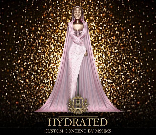 an image of a woman in a white dress with gold glitters behind her and the words hydrated custom content by assems