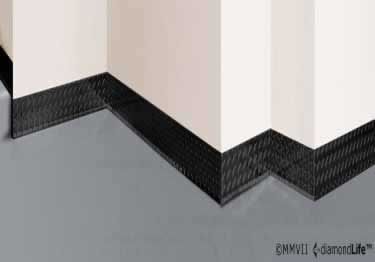 the corner of a room with white walls and black lines on the floor next to it