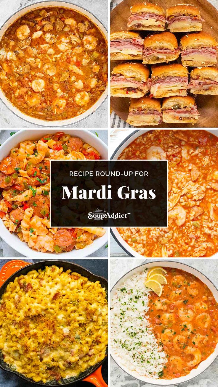 A photo collage of 6 dishes for a Mardi Gras recipe round-up. Traditional New Orleans Food, New Orleans Inspired Food, Food From New Orleans, New Orleans Meals, Louisiana Food Cajun Cooking, Mardi Gras Meal Ideas, New Orleans Theme Party Food, New Orleans Foods, New Orleans Party Food