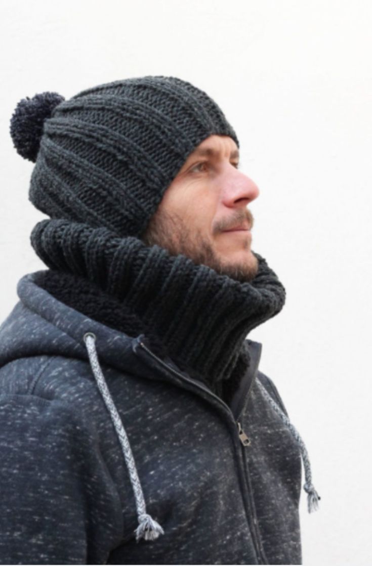 a man wearing a knitted hat and scarf with the words knitting pattern below it