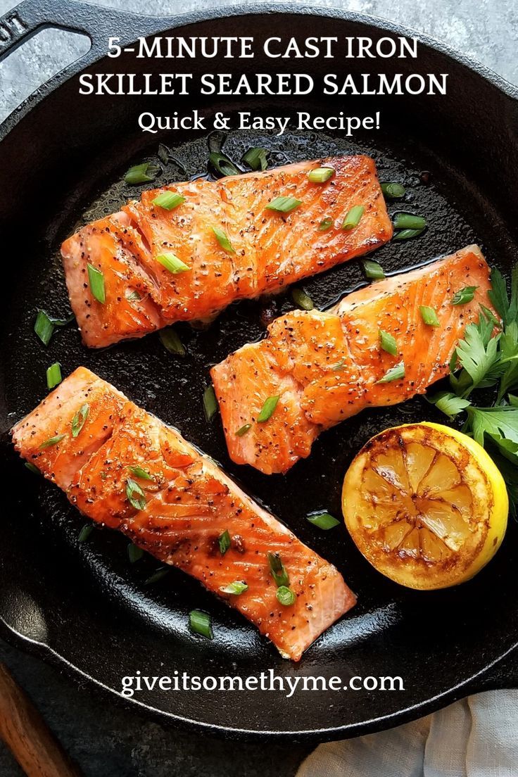 Caramelized seared salmon fillets cooked in a cast iron skillet. Salmon Cast Iron Skillet, Cast Iron Salmon, Shrimp Quesadilla, Quick Salmon, Recipes Fish, Thyme Recipes, Lent Recipes, Iron Skillet Recipes, Seafood Recipe